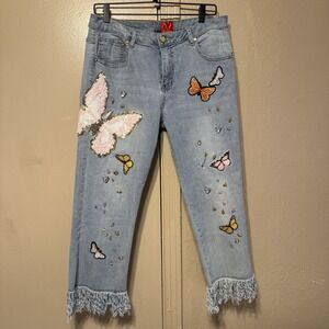 V Christina Womens 12 Embellished Butterfly Gem Soft Girl Sequin Cropped Jeans
